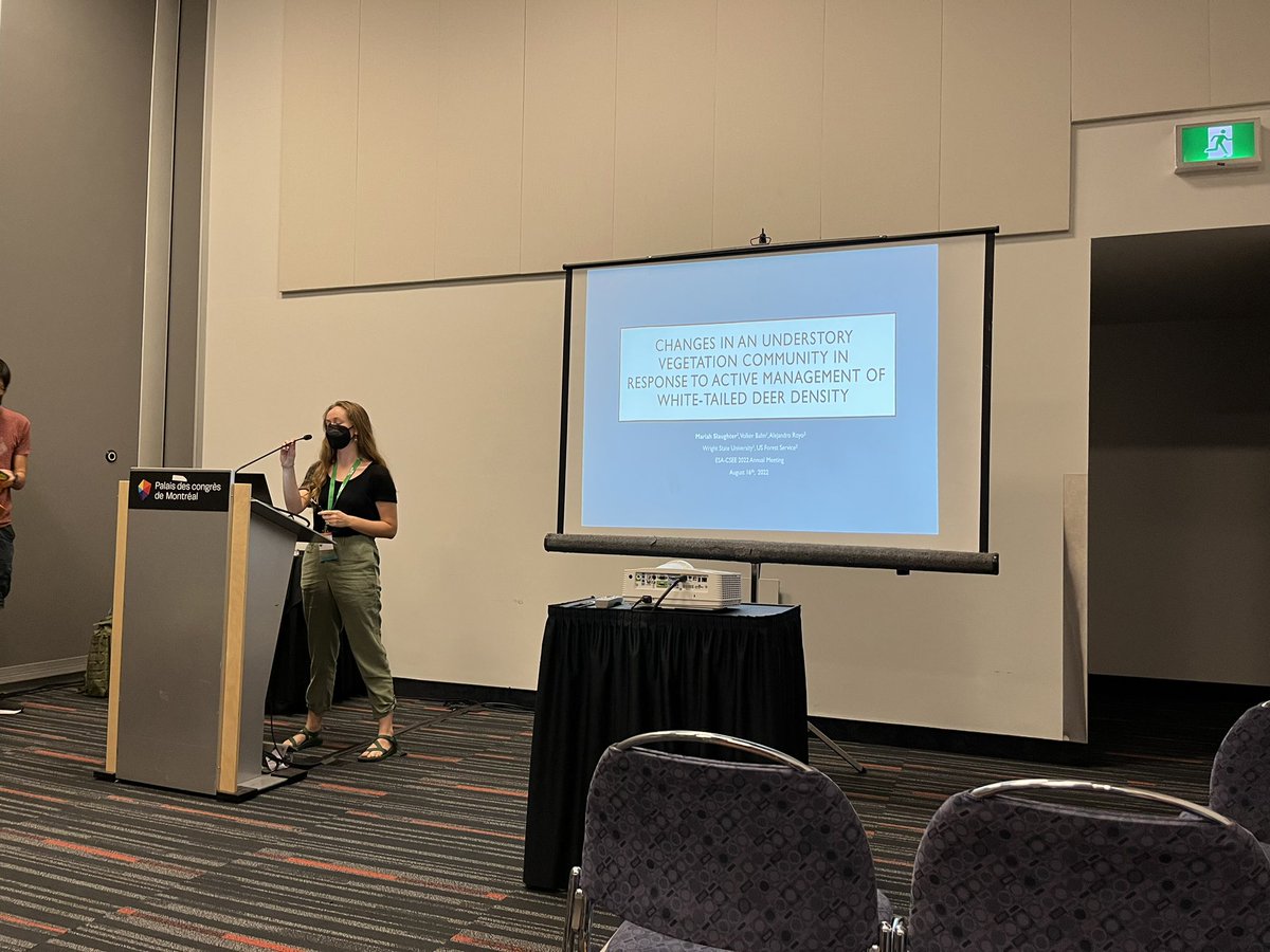 megrua's tweet photo. Proud to support @wsubio MS student @MariahSlaughte1 as she gives her #ESA2022 talk on the effect white tailed deer have on the understory vegetation! Way to go Mariah! https://t.co/xF1tbpLvPo