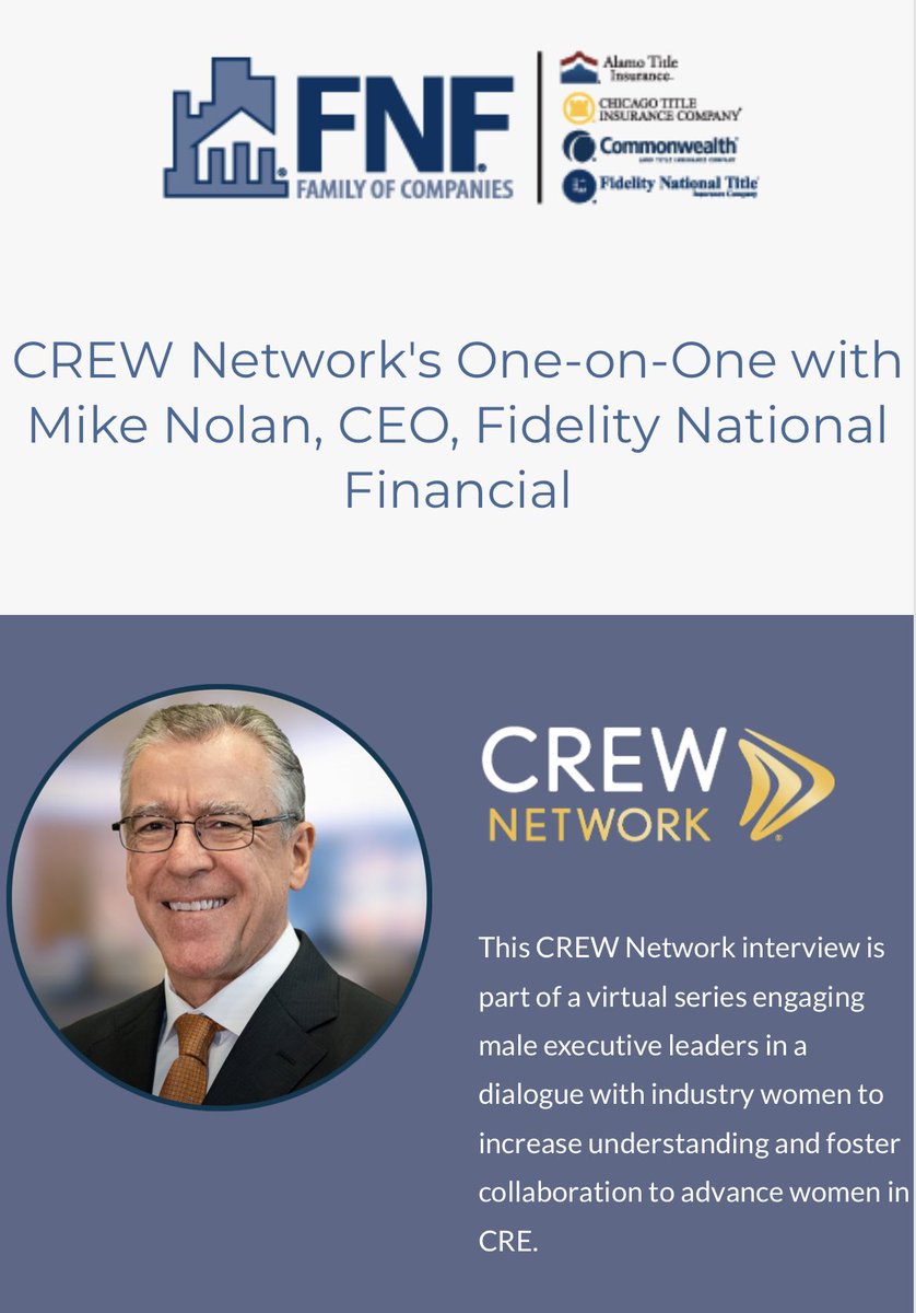 CREtitle's tweet photo. We’re glad to see our $FNF CEO Mike Nolan visiting @CREW_Network tomorrow! Should be a great webinar. Did you know women make up the majority of the title insurance workforce? #CRE https://t.co/X0okxadswe