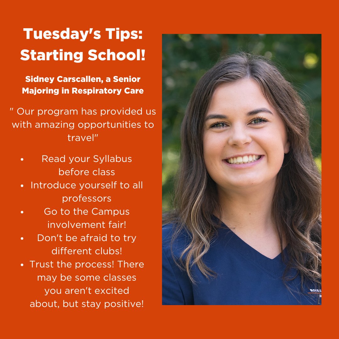 BoiseStateCOHS's tweet photo. Happy Tuesday!

Meet Sidney Carscallen, a senior in our Respiratory Care program. As we prepare for another semester, here are some great tips she has for incoming freshmen, as well as continuing students. 
#Tuesdaytips #boisestate #gobronchi https://t.co/O0Nsa9Txdp