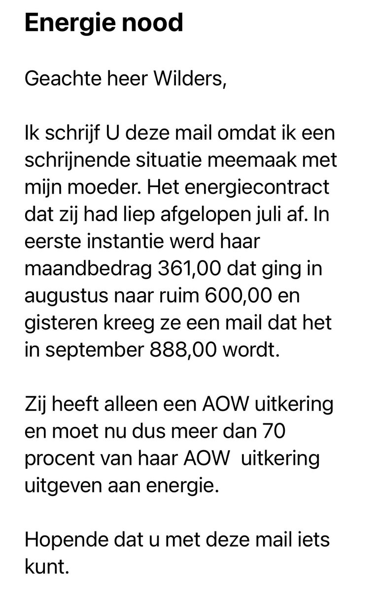 Moeder heeft alleen AOW.
Haar energierekening stijgt van €361 naar €888 per maand. Onbetaalbaar. 

En de Tweede Kamer is acht weken op vakantie. Wil geen debat. Terwijl mensen eraan kapot gaan. Dat is crimineel. 
Ik schaam me dood voor dit kabinet en ons #nepparlement.