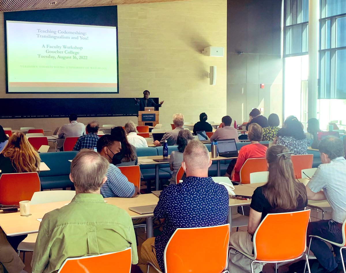 wlharder's tweet photo. “Language is always a resource &amp; never a barrier”

So incredibly fortunate to have @YoungVershawn as our guest to begin the academic year by talking about translingualism &amp; #codemeshing  with @gouchercollege faculty | #facultydev #AcademicTwitter #linguisticjustice https://t.co/opo6q4pOxc