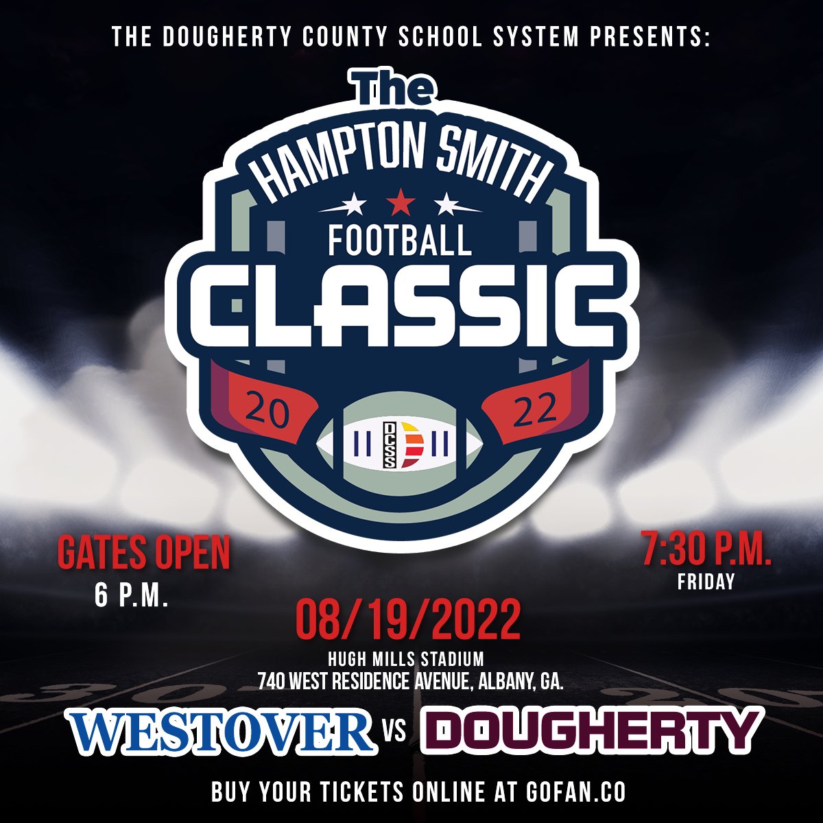 DoCoSchools's tweet photo. THIS FRIDAY: Come help the #DocoSchools honor a legend. The first-ever Hampton Smith Football Classic kicks off Friday with Westover taking on Dougherty. Tickets are available at https://t.co/ISkUB4XUd8 https://t.co/2PHoWow45I