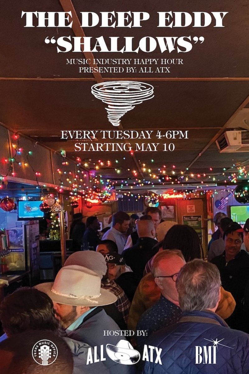 txmusicoffice's tweet photo. Join us today and every Tuesday at @DeepEddyCabaret for a Music Business Happy Hour from 4-6pm! 2315 Lake Austin Blvd, Austin. Hosted by @allatxmusic, @bmi
and @txmusicoffice. https://t.co/3sG6C6hRwk