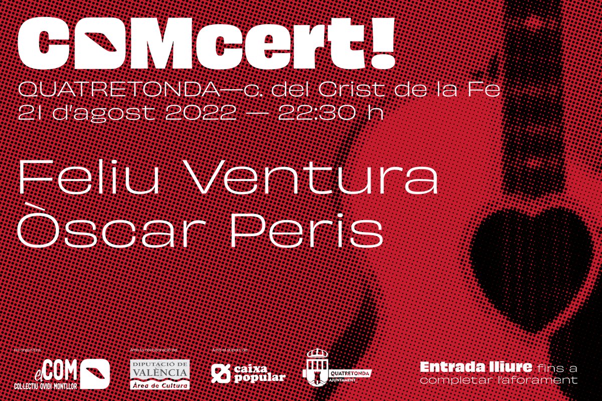 PremisOvidi's tweet photo. Arriben els #COMcerts a Quatretonda!
El primer serà el proper diumenge 21 d'agost amb les actuacions de @FeliuVentura i @Oscarllauri 
👇☺️🎼🎤🎸

🎟️Entrada lliure fins completar l'aforament

#SomElCOM #MúsicaEnValencià https://t.co/kv483ua3X4