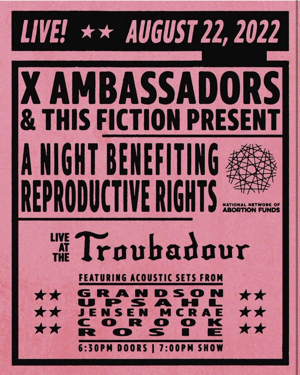 Playing a benefit show next week supporting reproductive rights in LA. <a href="/XAmbassadors/">X AMBASSADORS</a> and <a href="/upsahlmusic/">♡</a> will be performing as well. May have a special guest or two. Gonna be a beautiful night of love and solidarity. Get your tickets, 100% of proceeds being donated. See u soon