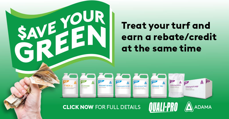 Quali_Pro_CAN's tweet photo. Save money while saving your turf. With up to a 7.5% rebate/credit on qualifying purchases, Quali-Pro’s #SaveYourGreen program is great for your budget and your turf.