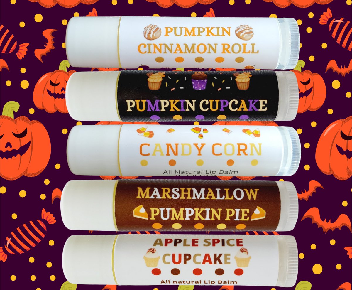 LipBalmsByJess's tweet photo. Get ready for Halloween with this festive Spooky Treats Lip Balm Set. 
This set includes 5 Lip Balms
1 Pumpkin Cinnamon Roll 
1 pumpkin Cupcake 
1 Candy Corn
1 Marshmallow Pumpkin Pie 
1 Apple Spice Cupcake
https://t.co/Llkok51TCa https://t.co/xiSVmx7Q2t