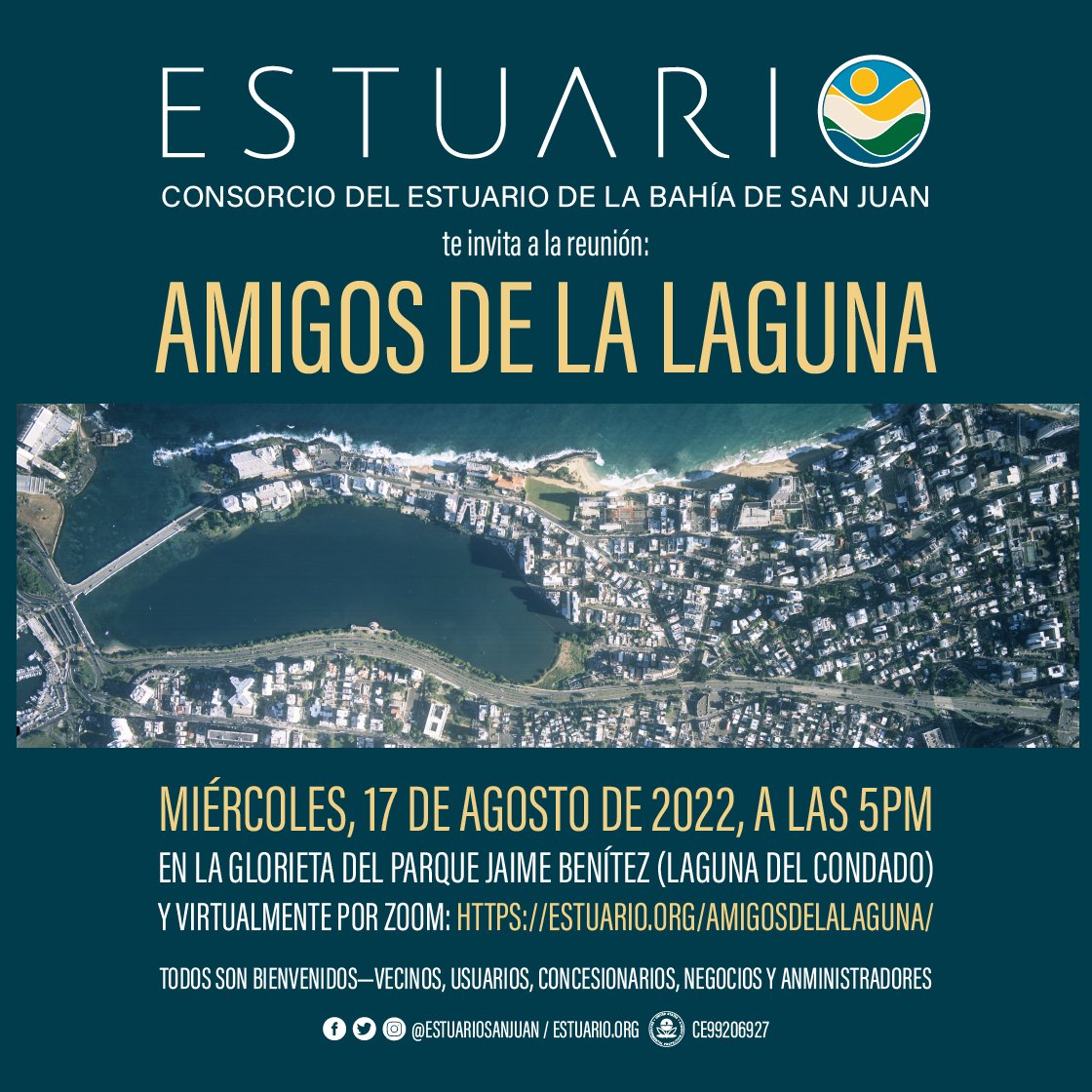 Estuario te invita a la reunión híbrida de Amigos de la Laguna, mañana miércoles, 17 de agosto de 2022, de 5PM-6PM, en la glorieta del Parque Jaime Benítez. Podrás participar virtualmente, a través de Zoom. Consigue el enlace de acceso en estuario.org/amigosdelalagu…. ¡Te esperamos!