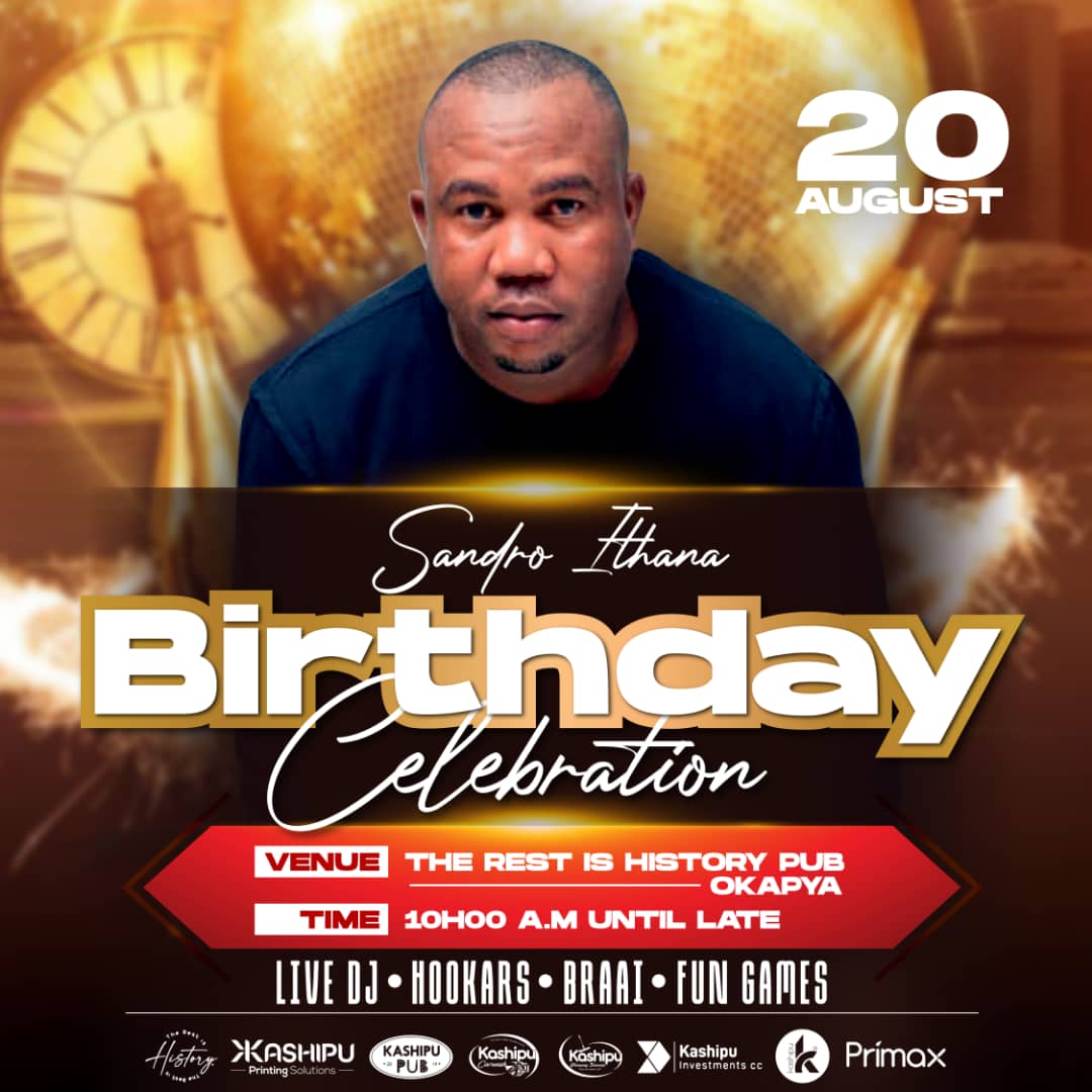 SandroIthana10's tweet photo. THIS SATURDAY 

Sandro Ithana Birthday Celebration
Date: 20 August 2022
Venue: The Rest Is History Pub, Okapya 
Time: 10H00 a.m until late

Live Dj| Hookars| Braai | Fun Games

Come have fun with the Birthday Boy

See u there https://t.co/ugPybQjzoa