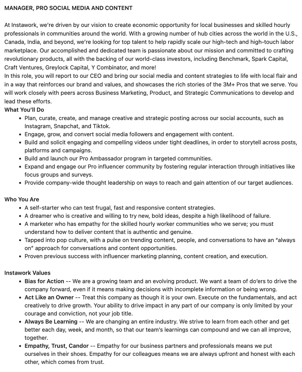 bgurley's tweet photo. .@Instawork is looking for its first social media hire to highlight their community of 3M+ Pros.

This is truly a once-in-a-lifetime opportunity. If you are scrappy and looking for a unique role in social/video/content, I strongly encourage applying.

https://t.co/fdFWxs9jZx https://t.co/03lUFwxwZc