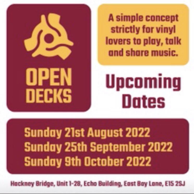 Open Decks UK (@opendecksuk) on Twitter photo Come and join us this Sunday at #HackneyBridge with like minded music lover who love the vinyl format.  #jazz #Funk #Soul #Disco #House are some of the genres you will hear. Sign up for the waiting list if you want to play at a future event. Come and join us this Sunday at #HackneyBridge with like minded music lover who love the vinyl format.  #jazz #Funk #Soul #Disco #House are some of the genres you will hear. Sign up for the waiting list if you want to play at a future event.