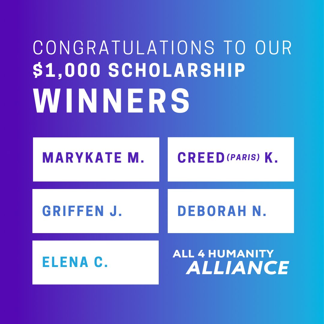 a4halliance's tweet photo. We would like to wish a well-deserved congratulations to our $1K Scholarship Winners! 📚

A4H is exceptionally proud of your work and knows you will each do incredible things in your academic future. https://t.co/ZFZHkLsAj5
