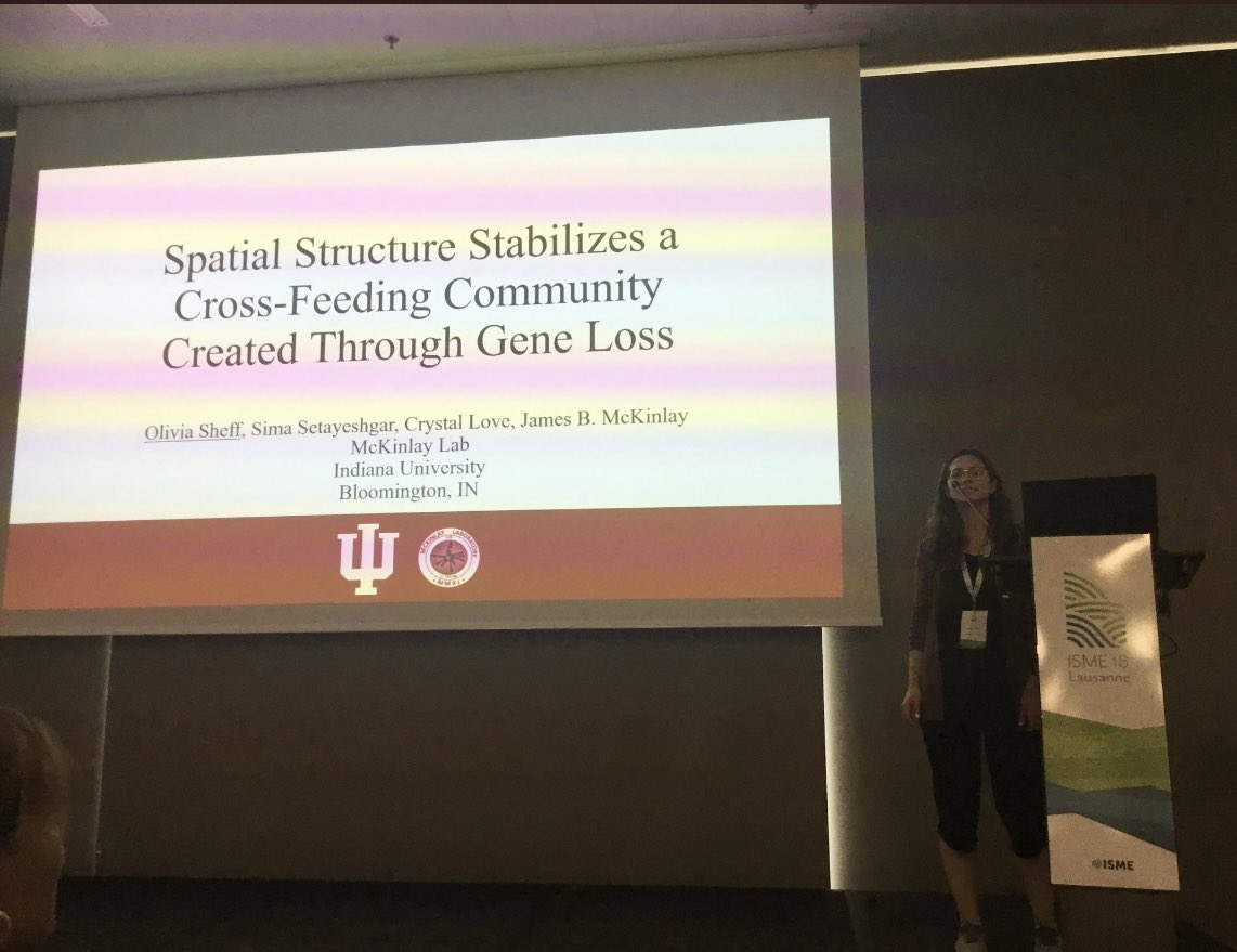 First tweet, First talk, First in-person conference! Had a great time talking about how spatial structure stabilizes our model cross-feeding community!Thank you #ISME18 and @mckinlab