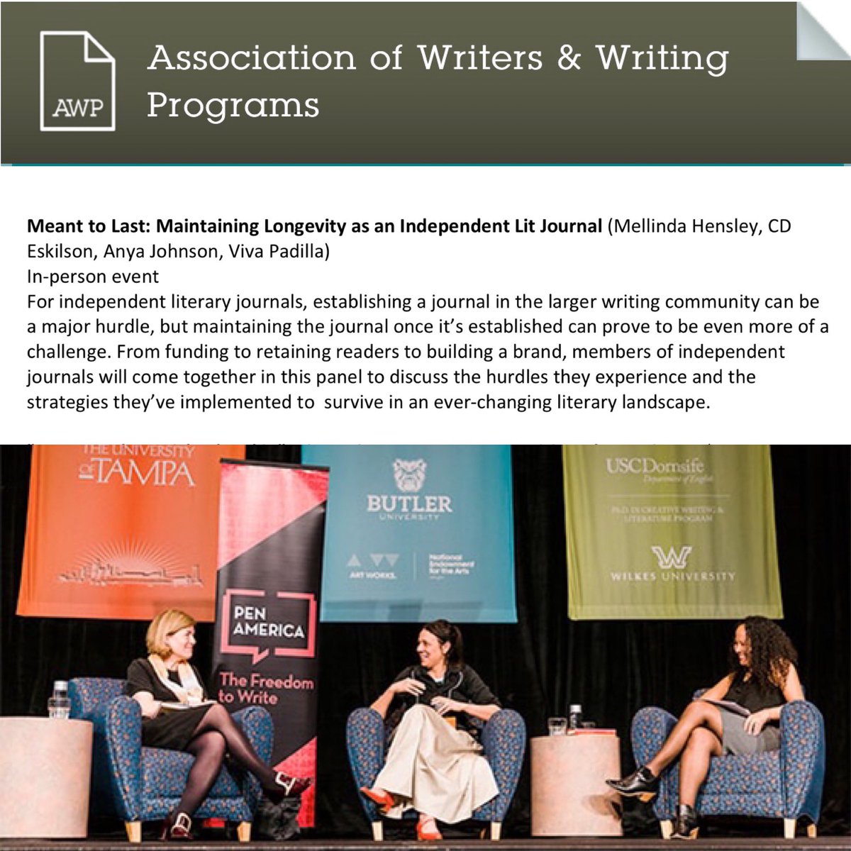 ExpoReviewLit's tweet photo. We are beyond excited to bring an #ExpoPresents panel to #AWP23! Come join us for #MeantToLast: Maintaining Longevity as a Literary Journal with #ExpoEditors @MellindaK, @CdEskilson &amp; Anya Johnson, &amp; #ExpoContributor &amp; founding editor of @drylandlitla. See you there!! @awpwriter https://t.co/fTUx4C9ZJL