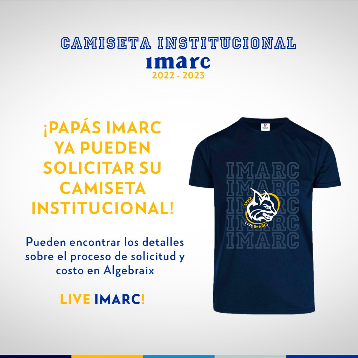 imarcmx's tweet photo. 🔵⚪🟡 Camiseta institucional IMARC 22-23🟡⚪🔵
Papás IMARC: ya pueden hacer su pedido, los detalles los podrán encontrar en Algebraix 👍🏽🤩👕
Live IMARC!
#IMARC #LIVEIMARC 🌎 #OrgullosamenteImarc #PlayeraInstitucional #CamisetaInstitucional #Ciclo22_23 #Hermosillo https://t.co/xW6HOZlaff