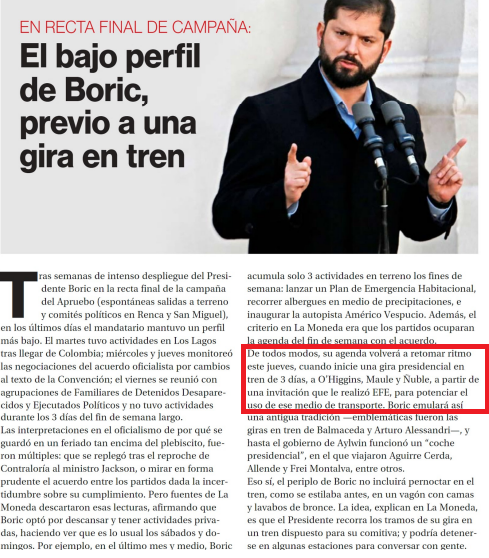 A 19 días del #PlebiscitoConstitucional <a href="/GabrielBoric/">Gabriel Boric Font</a> parte a una gira presidencial en tren "para potenciar el uso de ese medio de transporte" ("somos tontos hasta las 12") Avisen a La Moneda que si sigue 278,6 kms al sur de Chillán,llegará a Temuco #Araucania #RechazoTransversal