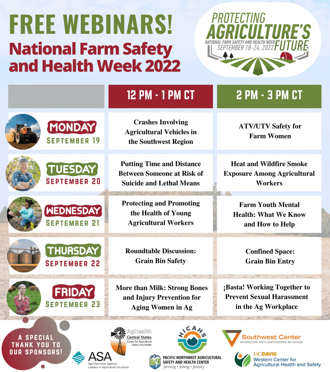 UMASHcenter's tweet image. National Farm Safety &amp;amp; Health Week is September 18-24, 2022! This year's theme is "Protecting Agriculture's Future" and during #NFSHW22, @AgriSafeNetwork will host two FREE webinars coordinated to each day's designated health and safety topic. #AgriSafe
necasag.org/nationalfarmsa…