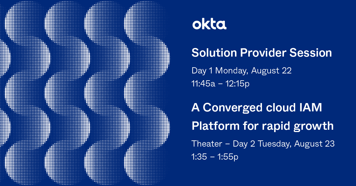 okta's tweet photo. Attending #GartnerIAM? Us, too. Join us for our Solution Provider Session on August 22 and our Theater Session on August 23. We’ll cover:

⚪ Zero Trust
⚪Unified IAM
⚪ …and more!

Register here 👇 
https://t.co/TI5YERcZf8 https://t.co/fGgnvgUyWy