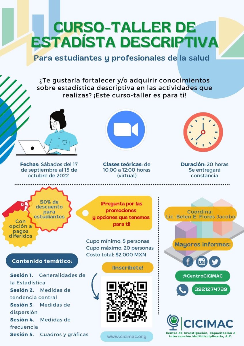 CentroCICIMAC's tweet photo. Ofrecemos un curso-taller de estadística descriptiva dirigido a estudiantes y profesionistas del área de la salud. ¡Te esperamos! #CICIMAC https://t.co/j2O580Fw4D