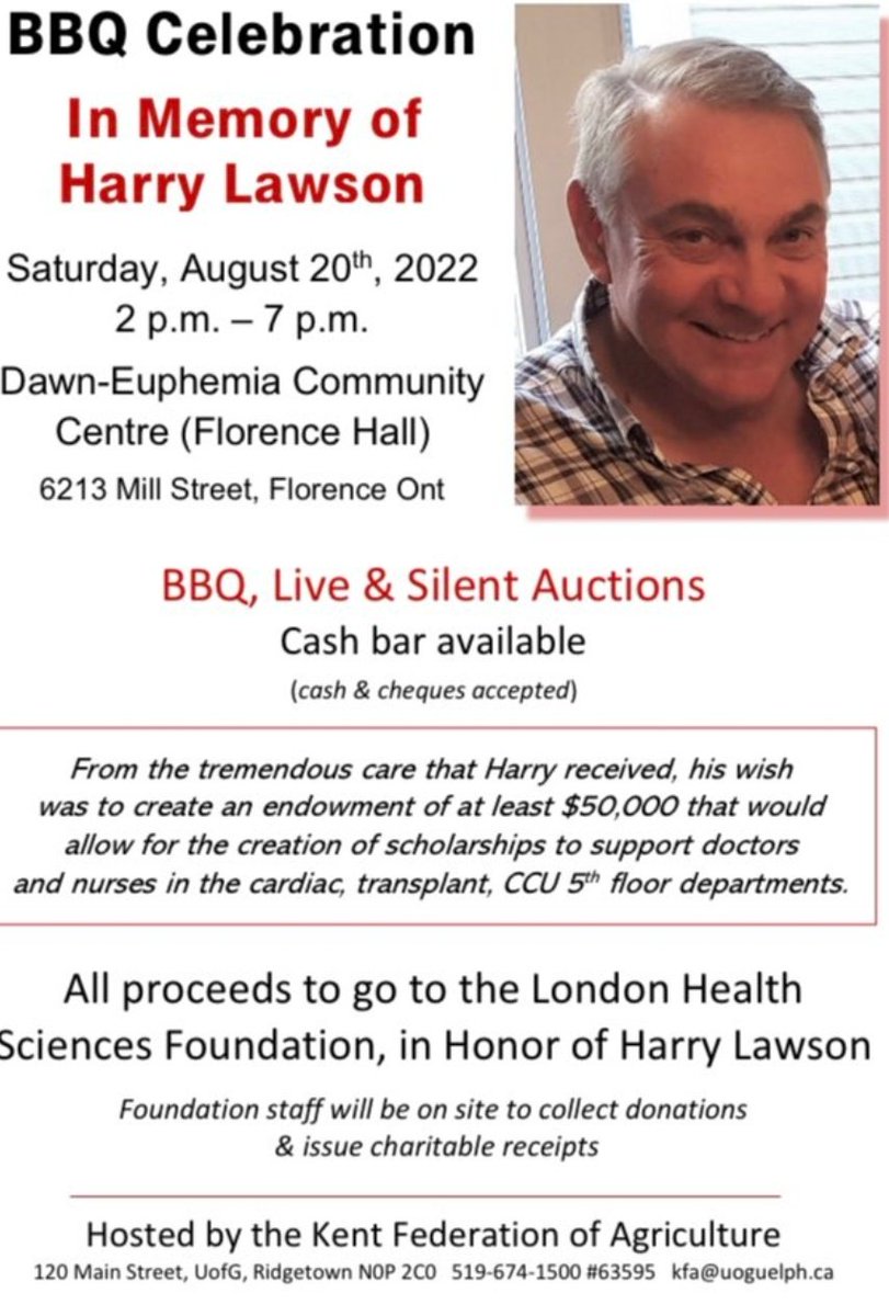 GregCKL's tweet image. A great tribute to the life and Legacy to Harry Lawson.
Saturday 2-7pm
Florence ON. 
BBQ, live and Silent Auction.
All proceeds to create a scholarship to help support Doctors and Nurses in our community. @KentFederation
@GrainFarmers #ckont  @RidgetownCampus @CKXS