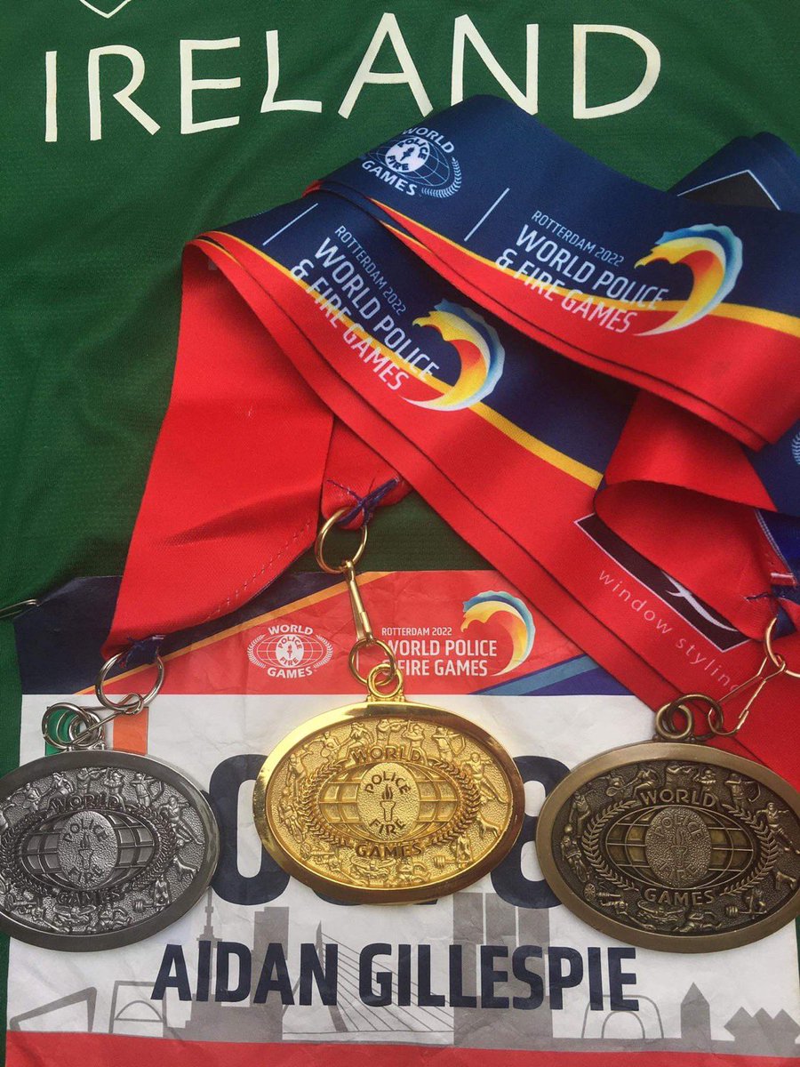 World Police &amp; Fire Games 2022 -
Gold, Silver &amp; Bronze for Garda Aidan Gillespie in Rotterdam.  Aidan took 1st place in the long jump, breaking the Irish age-group record. He was 2nd in the High jump &amp; finished in 3rd in the sprint hurdles. #wpfg2022 #wpfgrotterdam2022