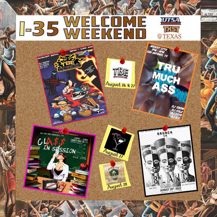 itgirlzinc's tweet photo. Yโall asked, we deliveredโฆ here is the OFFICIAL #I35WelcomeWeekend LINEUP!
8/26- #FriedAtTheBell2 ๐
8/27- #TruMuchAss ๐
8/27- #ClASSInSession ๐
8/28- #BrunchEnBlanc ๐ฅ
3 days yโall donโt want to miss out on! Grab your presales now! (#ClASSInSession will be at the door) https://t.co/AcsBw6fmHF