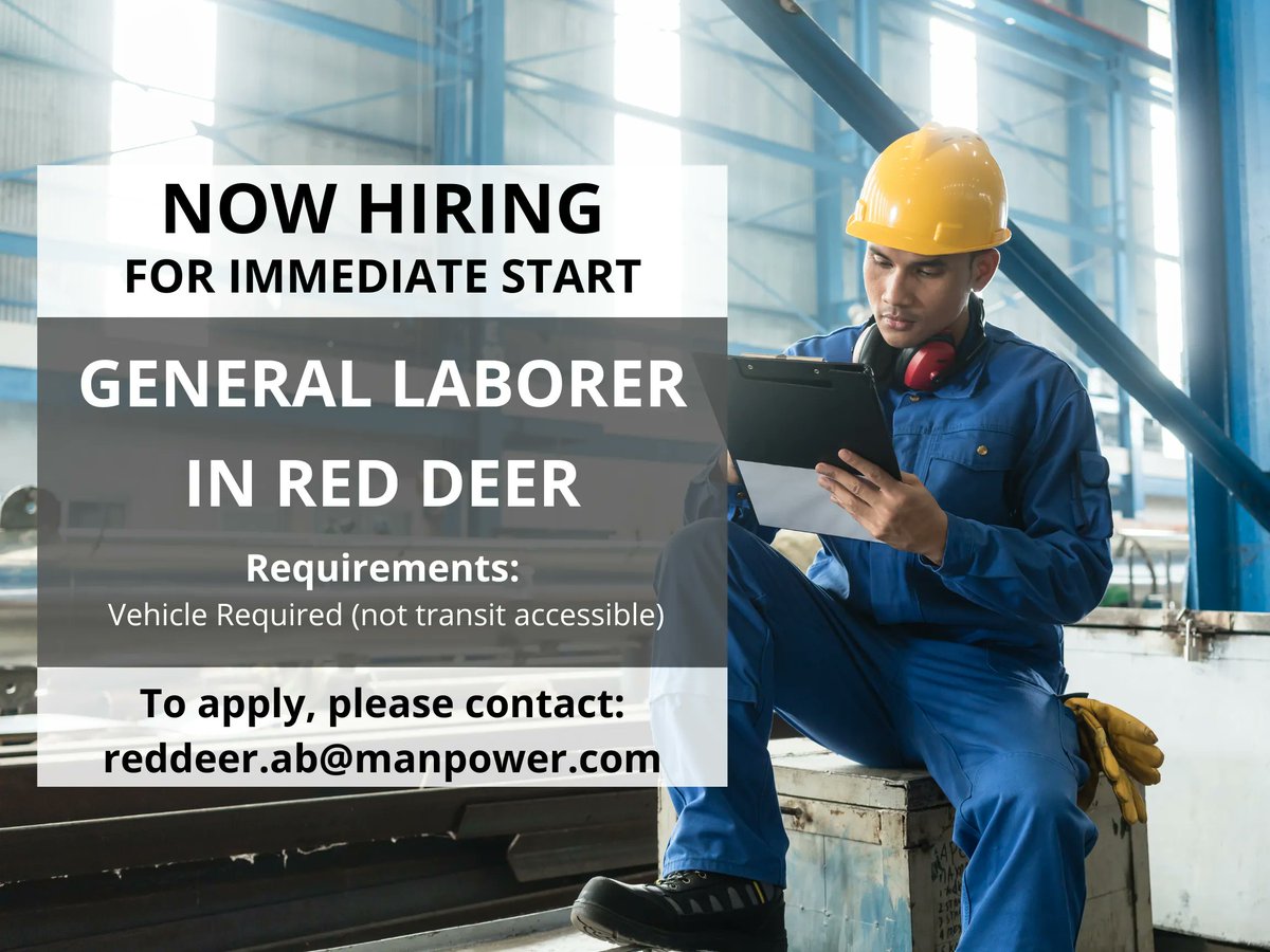 ManpowerAB's tweet image. #NOWHIRING: #GeneralLaborer in #RedDeer #Alberta

To apply, please forward your resume to reddeer.ab@manpower.com or apply directly at buff.ly/3Aoy80S 

#manpower #manpowerab #albertajobs #canadajobs #canadajobsearch #canada #hiring #recruitment #staffing #employment