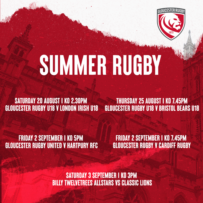 gloucesterrugby's tweet photo. 𝗦𝗨𝗠𝗠𝗘𝗥 𝗥𝗨𝗚𝗕𝗬 🏉

Watch the stars of the future for 𝗳𝗿𝗲𝗲! The Academy is in action at Kingsholm over the next week

🏡 v London Irish U18 | Saturday 20 August 

🏡 v Bristol Bears U18 | Thursday 25 August

And there's lots more summer rugby coming your way at Holm👇