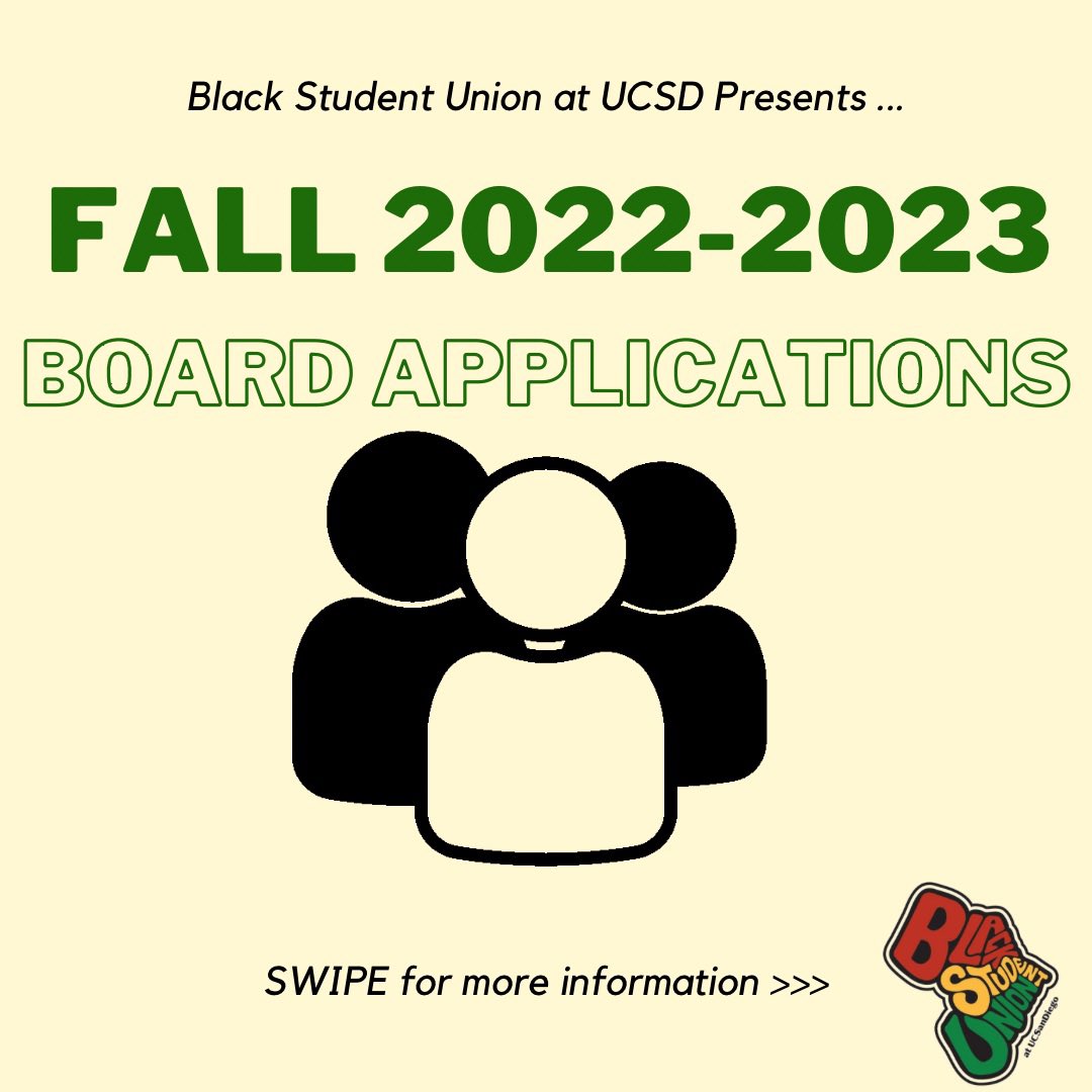 ucsdbsu's tweet photo. BSU’s Fall 2022-2023 Board Applications Are Open Again!📍

We have 4 available positions and the descriptions of the positions can be found in the application and on our instagram story!

Applications are due Saturday, September 3rd at 11:59pm. 

(1/3) https://t.co/AvH9KUAuSi