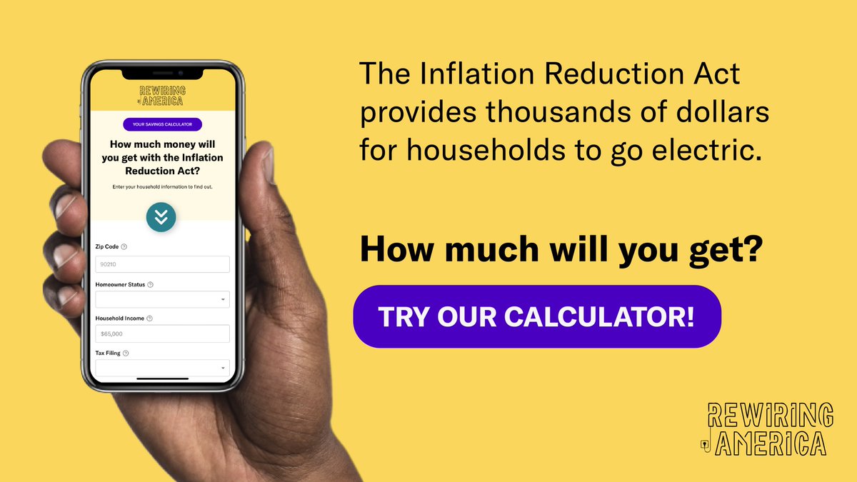 The President has signed the Inflation Reduction Act into law, and we have signed on to electrify everything!  Use our brand new household savings calculator to start your electric journey today. rewiringamerica.org/app/ira-calcul…