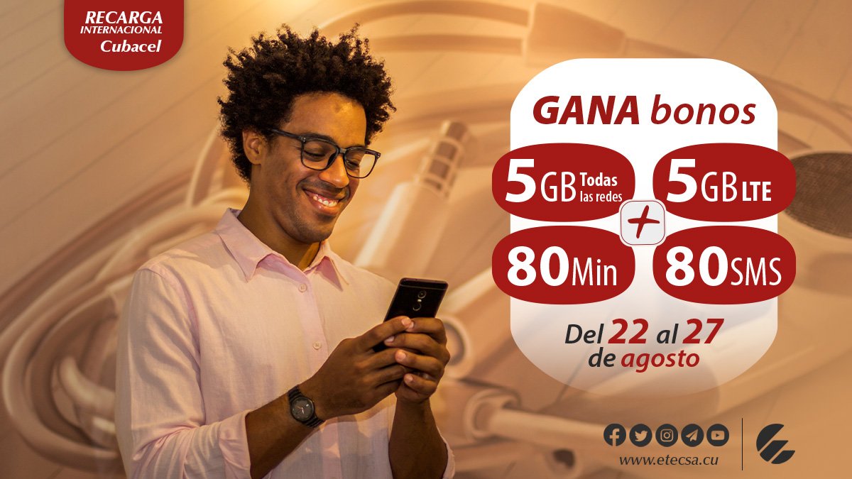 🥁 #Promoción de RECARGA Internacional del 22 al 27 de agosto.
Si recibes 📲 una recarga entre 500 y 1250 CUP, el monto va a tu saldo principal y además ganas bonos de:
✔️ 5GB Datos (todas las redes)
✔️ 5GB Datos (LTE)
✔️ 80 Minutos
✔️ 80 SMS
A consumir en los próximos 30 días.