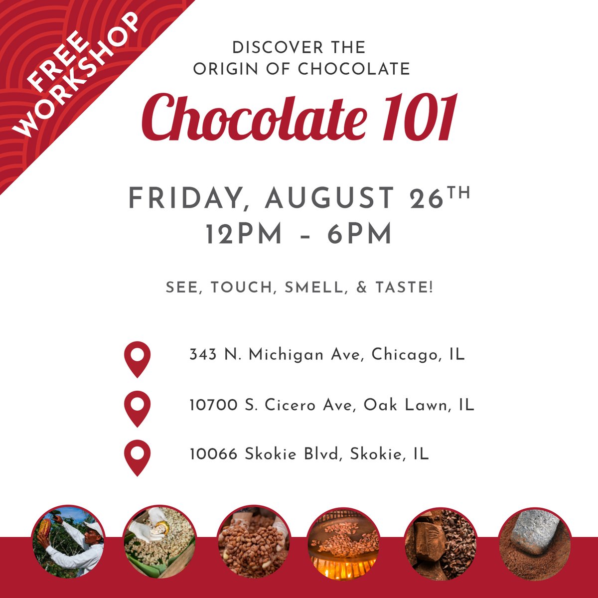 fmchocolate's tweet photo. Join us for a 'Hands-on' workshop and learn about origins of chocolate.

Plan your visit at one of three locations Friday, August 26th. https://t.co/Fn9JcGodsS