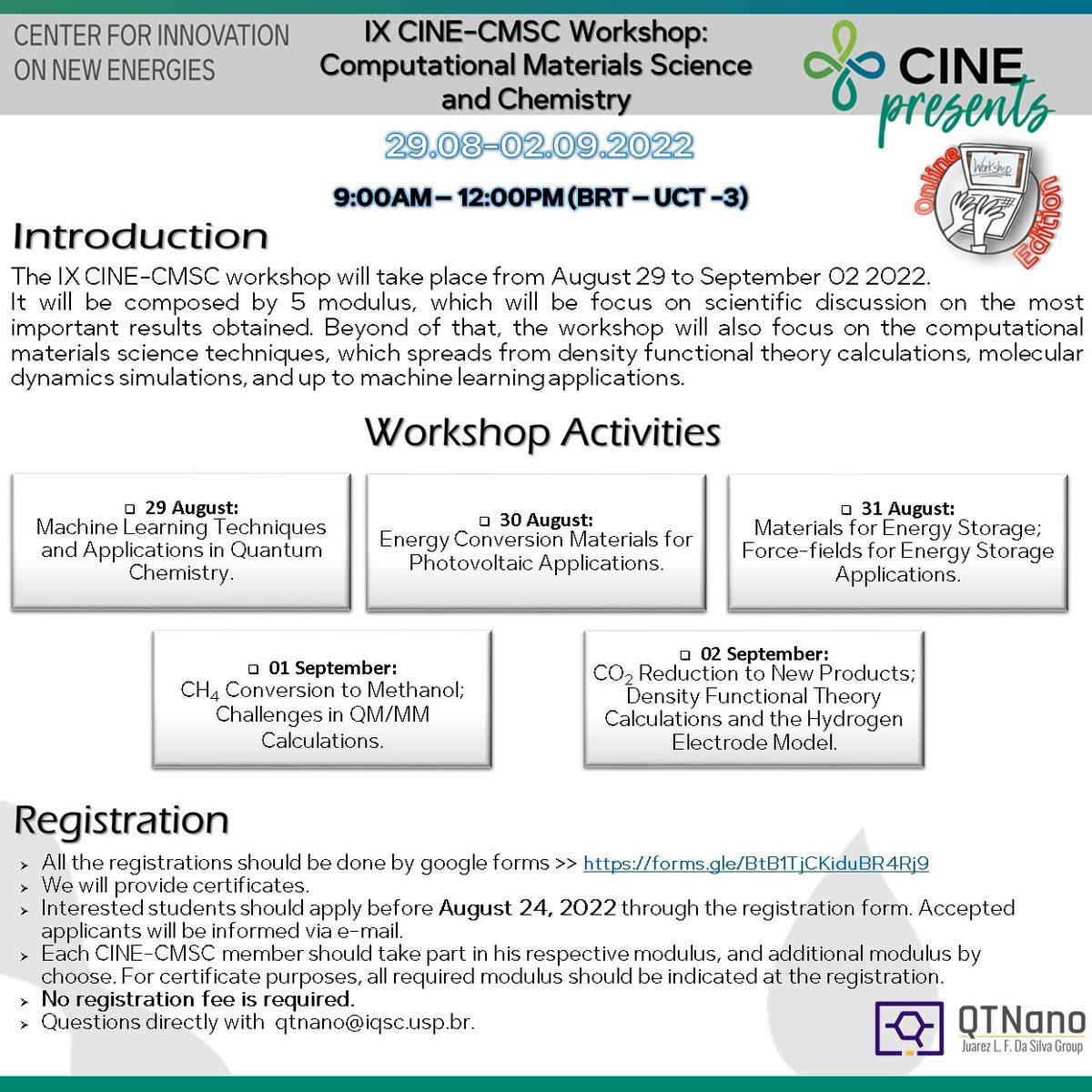 EnergyCine's tweet photo. IX Workshop of CINE´s computational science division: 5 mornings discussing advances on #PhotovoltaicMaterials, #MethaneConversion, #CO2Reduction #EnergyStorage materials and #MachineLearning.🗓Aug 29 to Sept 2 on Zoom. Free registration: https://t.co/kLAQXg6pSL. https://t.co/TmCzygI3gO