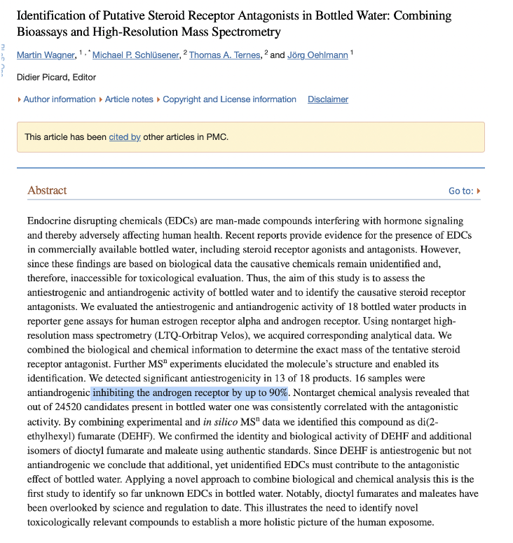 This study is insane. Just 3.75mL of bottled water had enough endocrine disruptors to block the androgen (Testosterone, etc) receptors up to 90%. 

The worst part is that glass bottles caused issues too.

If we can't clear up these endocrine disruptors we are doomed.
