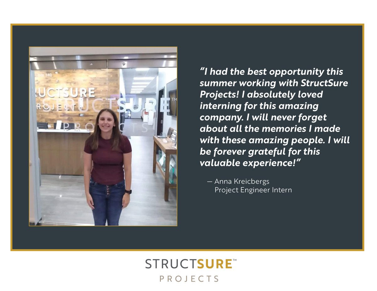 StructSureBuilt's tweet photo. We love to offer professional development opportunities and share our passion for the construction industry. We will miss our summer intern; she’s been a valuable member of our SSP family this year! #StructSureProjects #StructSurePeople https://t.co/Ei9cQsb1HL