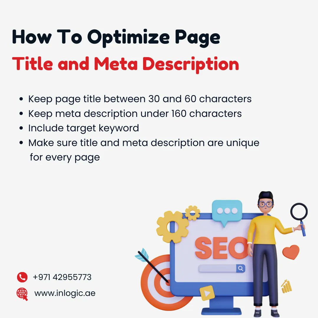 InLogicUAE's tweet photo. #TipTuesday 💡

How To Optimize Page Title and Meta Description:
1-Keep page title between 30 and 60 characters
2-Keep meta description under 160 characters
3-Include target keyword
4-Make sure title and meta description are unique for every page
 we are just a DM away! https://t.co/KRA17Be8uS
