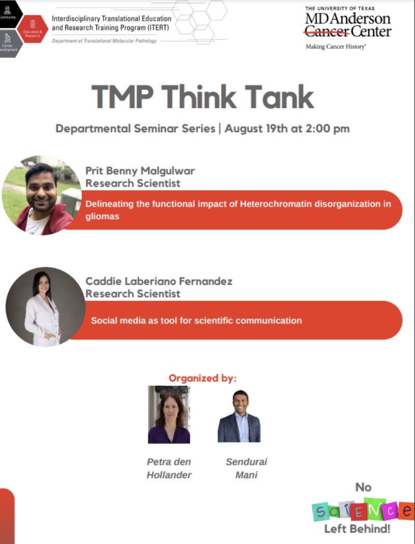 PritBenny's tweet photo. Excited to talk about our work on #heterochromatin dysfunction and it’s therapeutic target in #gliomas in #ITERT TMP Think Tank Seminar series at @MDAndersonNews organized by @SenduraiMani and @PetradenHollan2 https://t.co/R9q2GvupVl