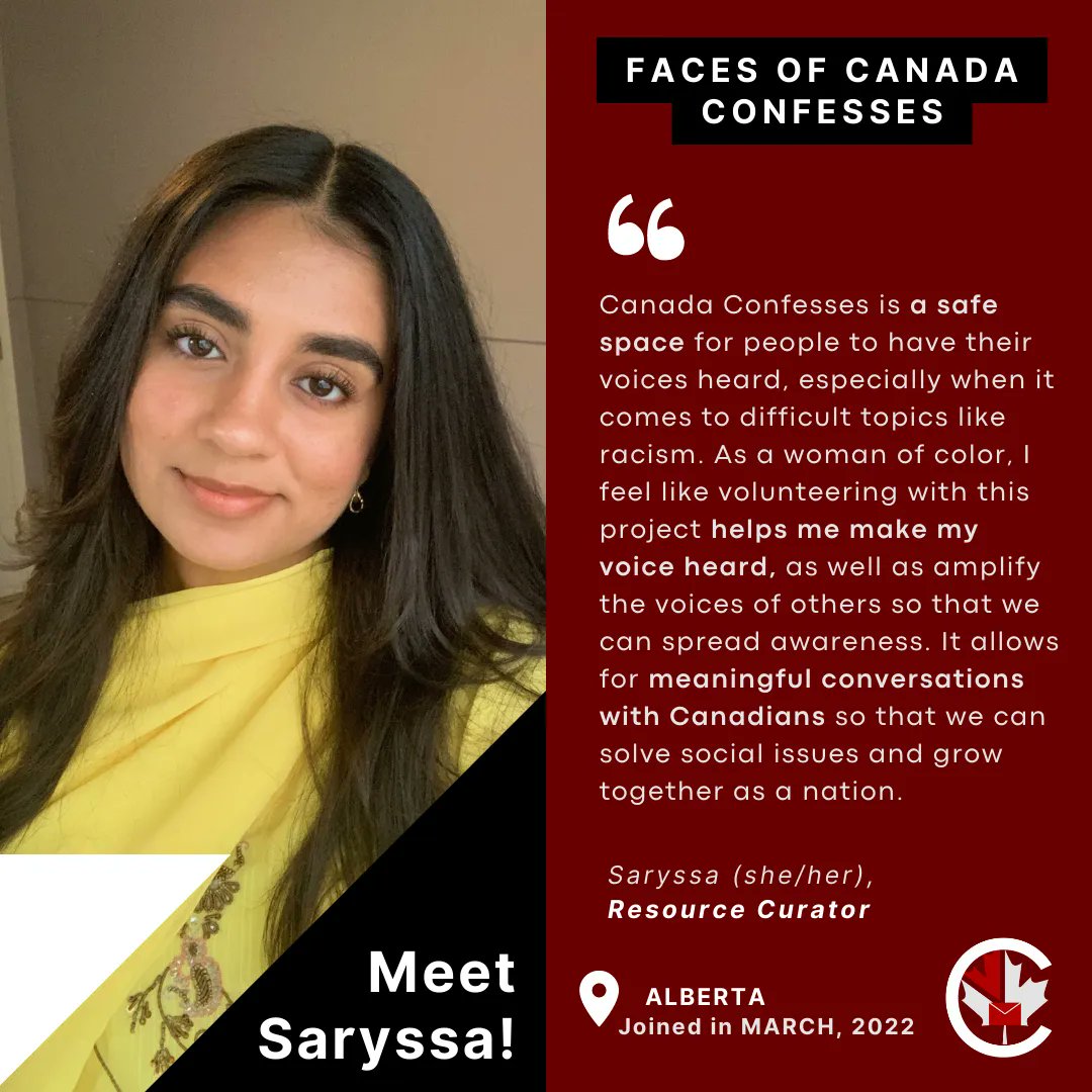 ConfessesCanada's tweet photo. Meet one of the many Faces of Canada Confesses: Saryssa! She is one of our Resource Curators and has been volunteering with us since March 2022.
#Canada #AB #Alberta #Volunteer #SocialJustice #GetInvolved #Volunteering #VolunteerCanada #Activism #Advocacy #Resources #BIPOC https://t.co/FfsipSiLyG