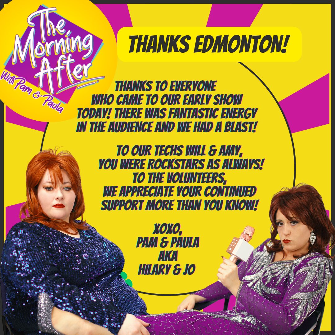 PamAndPaula's tweet photo. Thank you @edmontonfringe! NEXT SHOW: WED AUG 17 @ 2:15pm @oldstrathcona
#YEGFringe #YEG #yegArts #OldStrathcona #Destinationfringe #YEGfringe2022 #yegfestivals #fringetheatre #themorningafterwithpamandpaula #pamandpaula #pamandpaulafringe https://t.co/Z08PgJZ0fH
