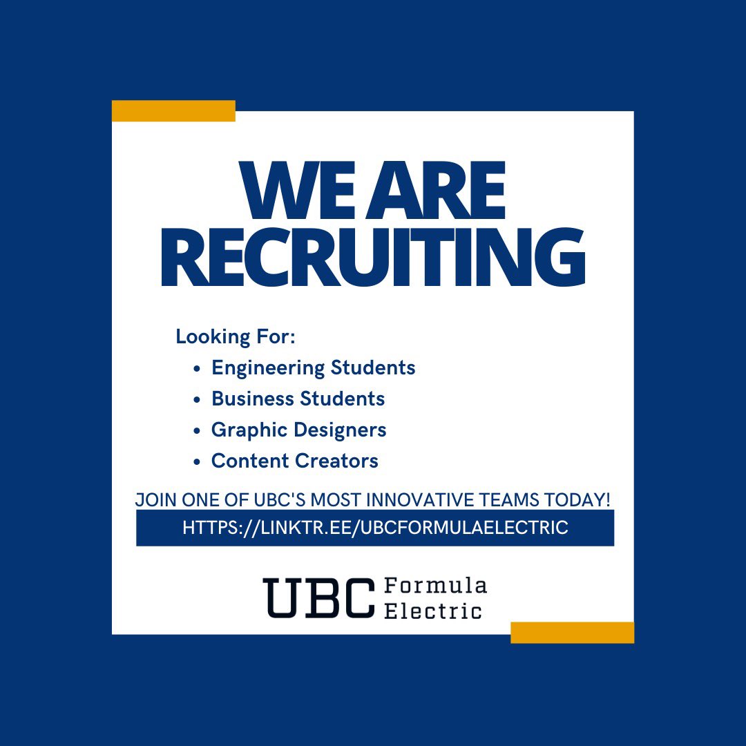 UBCFormulaE's tweet photo. Want to join our team? Applications are now open! Click the link to apply and learn more ⚡️🏎 

https://t.co/1UtJUP80Dm https://t.co/mGUeyjyfAz