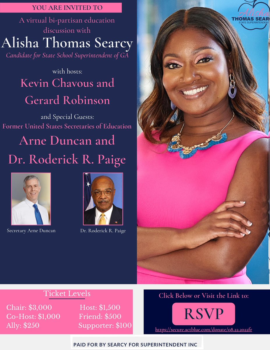 AlishaTSearcy's tweet photo. You know you’re an #ednerd when hosting an event with two former United States Secretaries of Education feels like Christmas! I can’t WAIT! Join us. https://t.co/PZeTyFgWMf https://t.co/QbXhpBKdh4