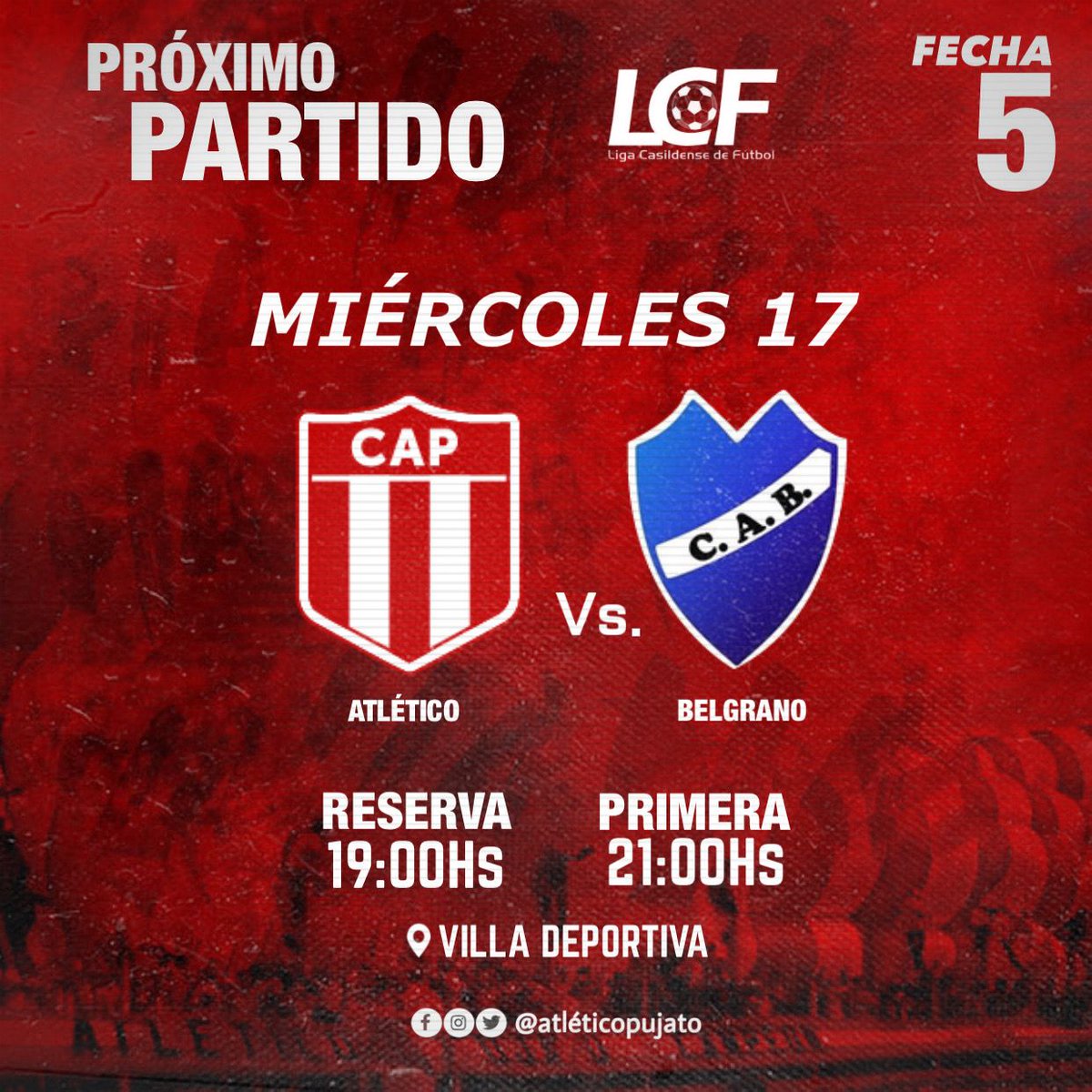 CAPujato's tweet photo. FÚTBOL MAYOR ⚽️
Recibimos en la Villa Deportiva a @clubatleticobelgrano_
en busca de una nueva victoria para seguir en lo más alto de la tabla
SOMOS EL PUEBLO ❤️🤍
#todosjuntos #vamosCAP⚪️🔴 https://t.co/jcen87rx90
