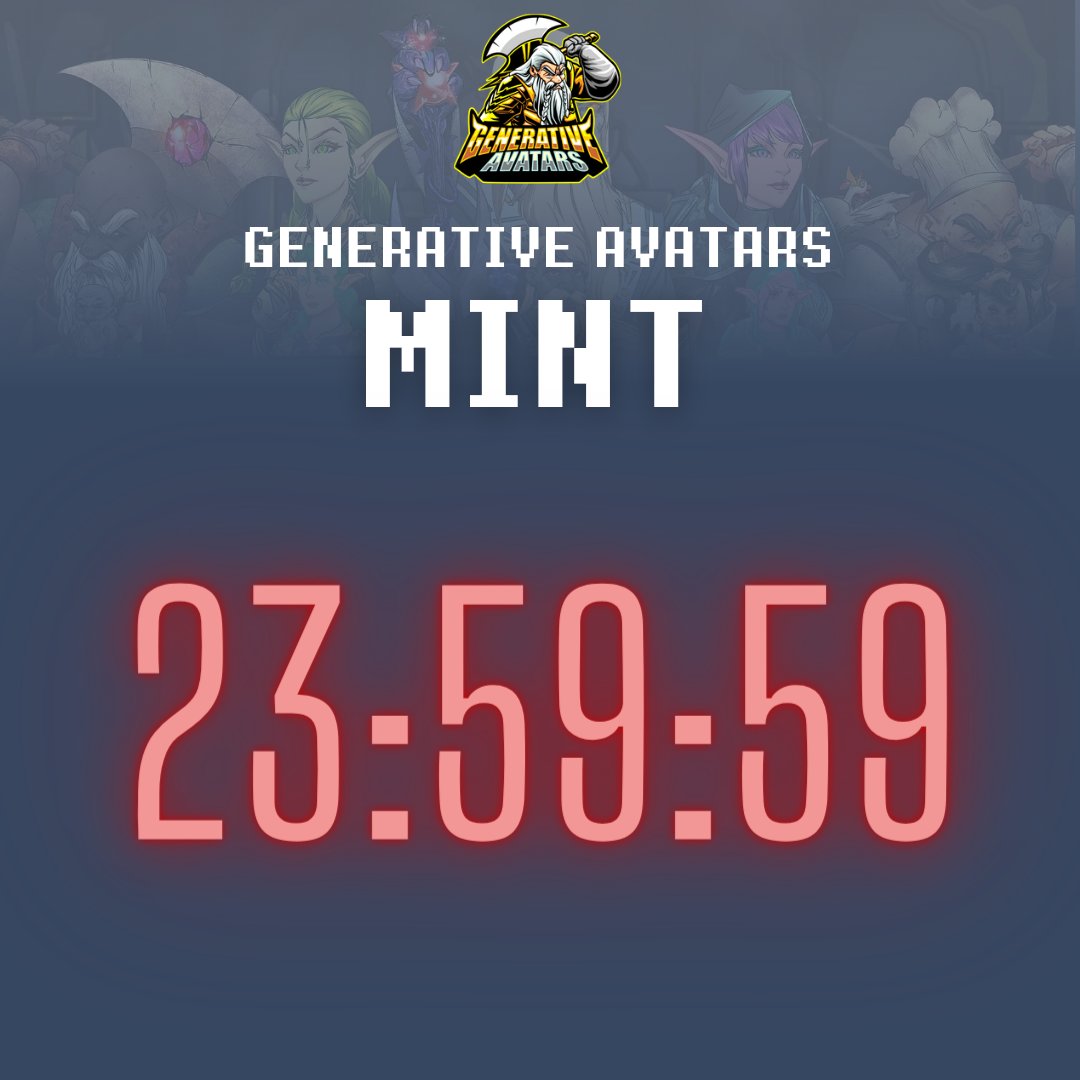 Less than 24 hours left until the Avatars mint! 🧙‍♂️

Last chance to submit your wallet!

Last chance to enter the Premint raffle: 
premint.xyz/generative-ava…

Be one of the first 50 people to interact with this tweet for a #WL.

#NFT #NFTMinting #MintingSoon #NFTCommunity