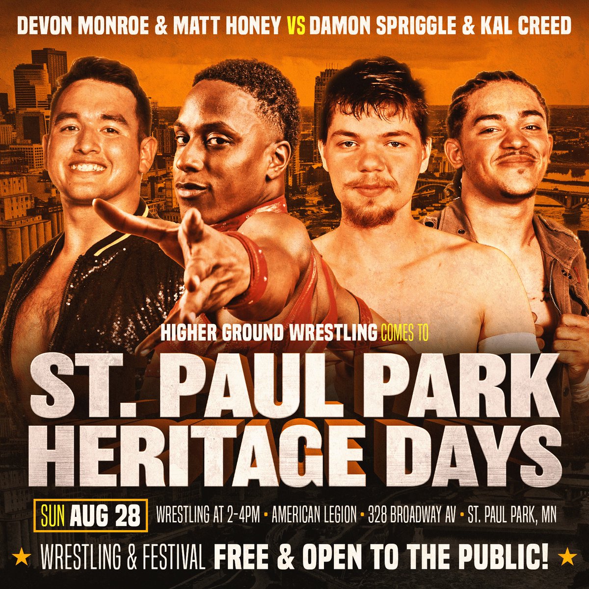 MATCH ANNOUNCEMENT!
Sunday August 28th 2022
#HeritageDays Festival in St Paul Park
Wrestling from 2PM-4PM
Festival is Free & Open to the Public

Devon Monroe & Matt Honey take on Damon Spriggle & Kal Creed!