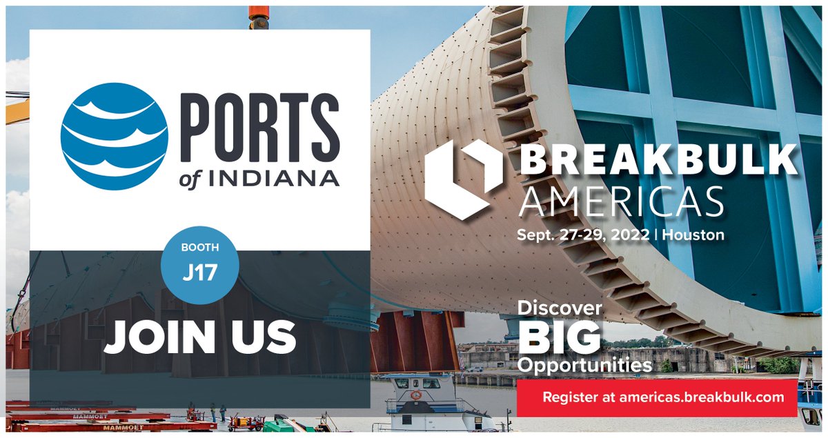 PortsofIndiana's tweet photo. We're headed to the Breakbulk Americas conference in Houston Sept. 27-29. Find us in booth J17. If your company is headed to the conference, let's talk! POI staff is ready to discuss new opportunities at our port. #WeArePOI #breakbulk #logistics #projectcargo https://t.co/zHZJ4xcdFQ