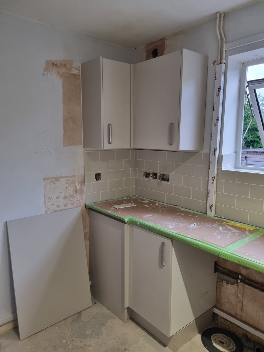 sarjeantm01's tweet photo. Kitchen really coming along now floor being done tomorrow the. We can start getting the equipment back in and make it a liveable kitchen again #kitchenrefit #newkitchen https://t.co/Zfi17HSMW9