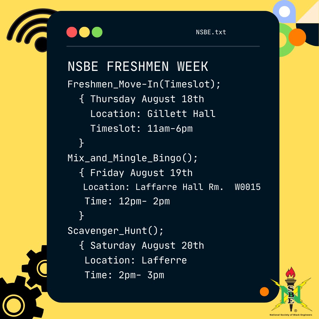 We are proud to present our freshmen welcome series‼️

From august 18th- 20th come check out Mizzou NSBE for freshmen welcome week. All of our events are open to everyone as we welcome all the new faces to campus. Come on by, bring a friend and have a good time🥳 #mizzou26