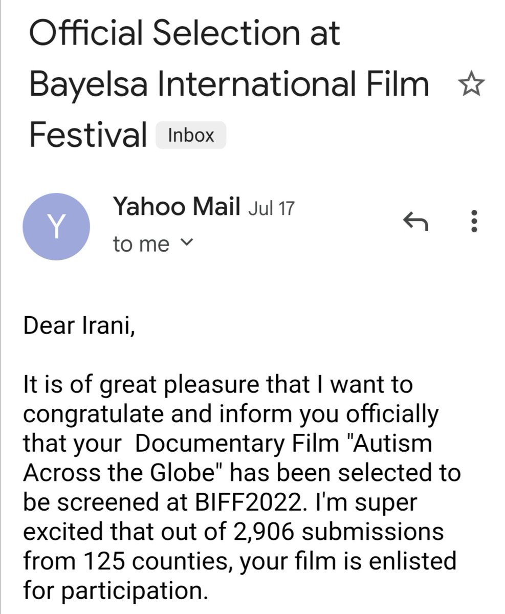 RimaIrani's tweet photo. Being selected in "Nollywood"-the Nigerian film industry &amp; most productive of the world’s important creative industries-is a remarkable success.AUTISM ACROSS THE GLOBE:Official Selection.Many thanks to"Bayelsa Int. Film Festival".So grateful to all who made it happen #actualbiff https://t.co/OrzdqKoNRL