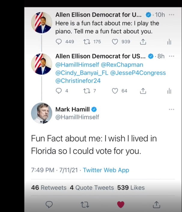 Even @MarkHamill agrees that @AllenLEllison is a true public servant!🇺🇸. Go to allenellison.com for more info then donate to #AllenEllisonforCongress at secure.actblue.com/donate/allenel…. Florida needs #ANewPathForward #TheForceisStrong #23andAE